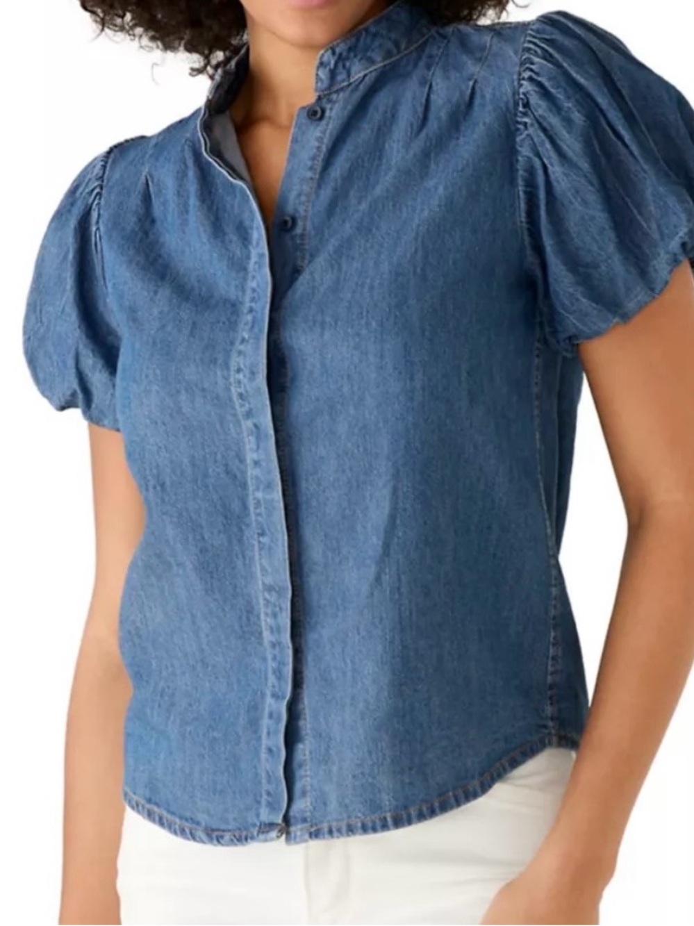 INDUSTRY Puff Sleeve Denim Button-Down Top in Light Blue